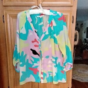 Annie Griffin Teal and Pink Abstract Blouse